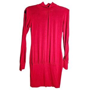 Monaco Red Long-Sleeve Open-Back Mini Dress With Mock Neck & Pleated Details
